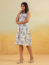 Janasya Women's Off White Linen Cotton Floral Printed A line Dress